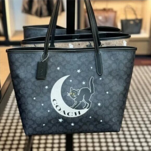 Coach City Tote Signature Canvas With Halloween Cat Graphic Black - Picture 1 of 8